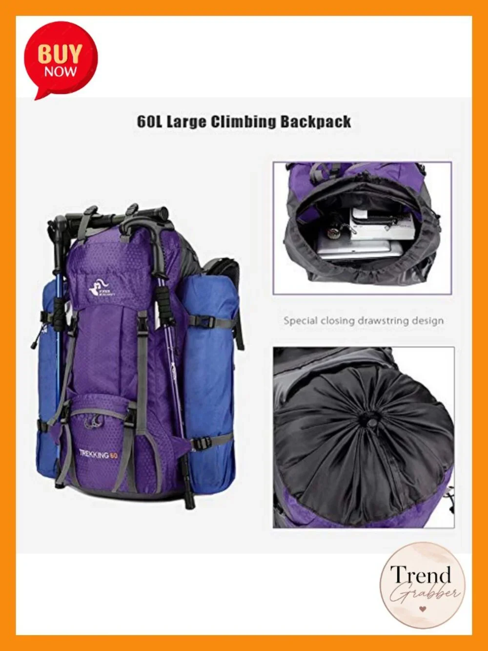60L Waterproof Hiking Backpack with Rain Cover, Large Camping Daypack